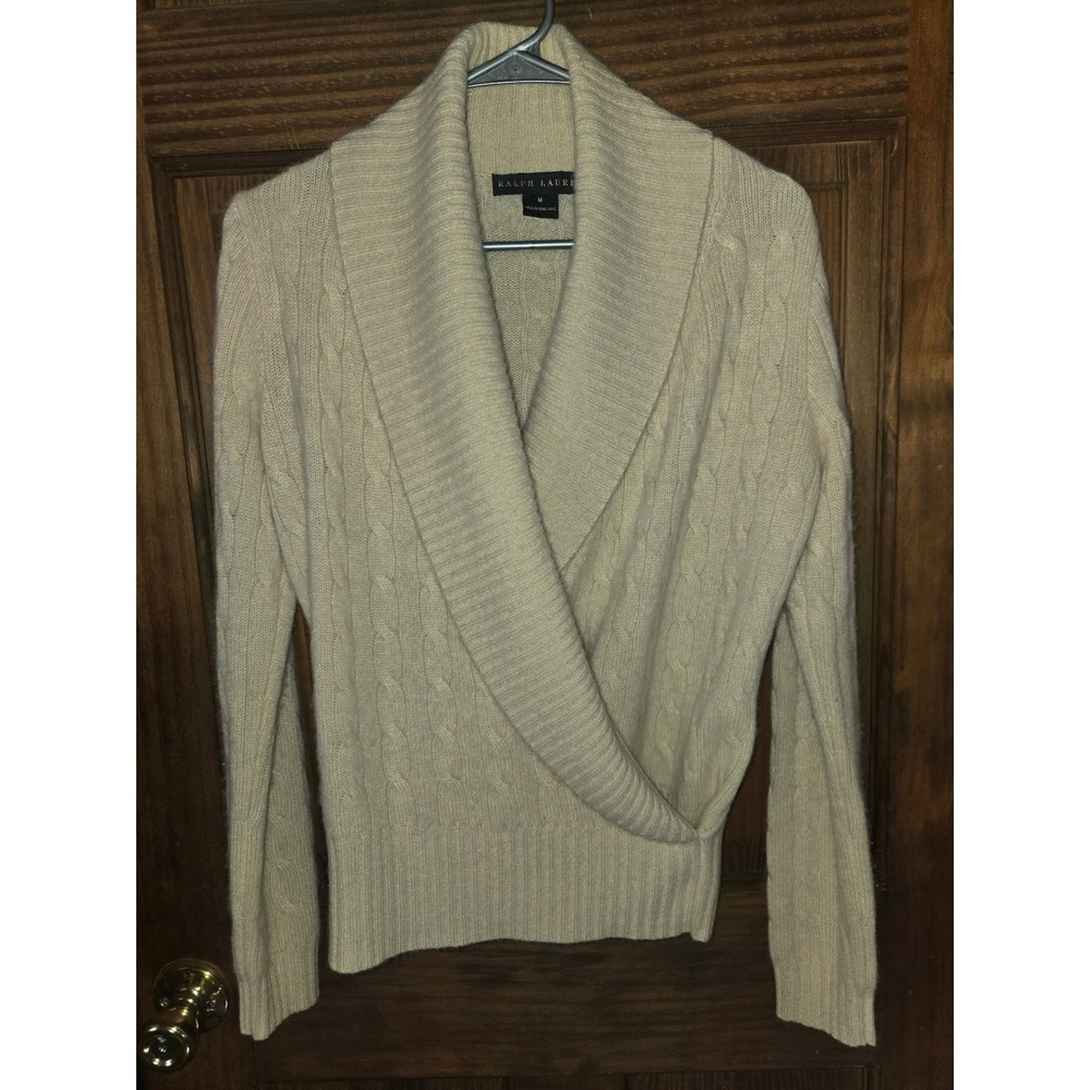 Ralph Lauren Cream Cable Knit Shawl Collar Wrap Front Sweater 100% Cashmere